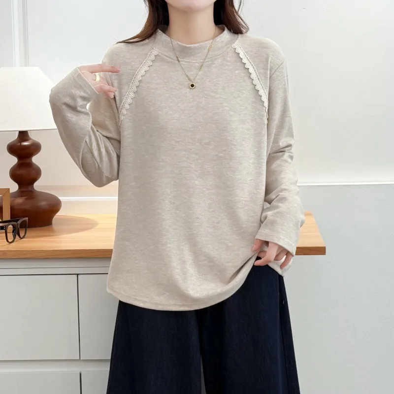 Women Mock Neck Long Sleeve Top Lace Splice Loose Hide Belly Soft Thermal Base Shirt