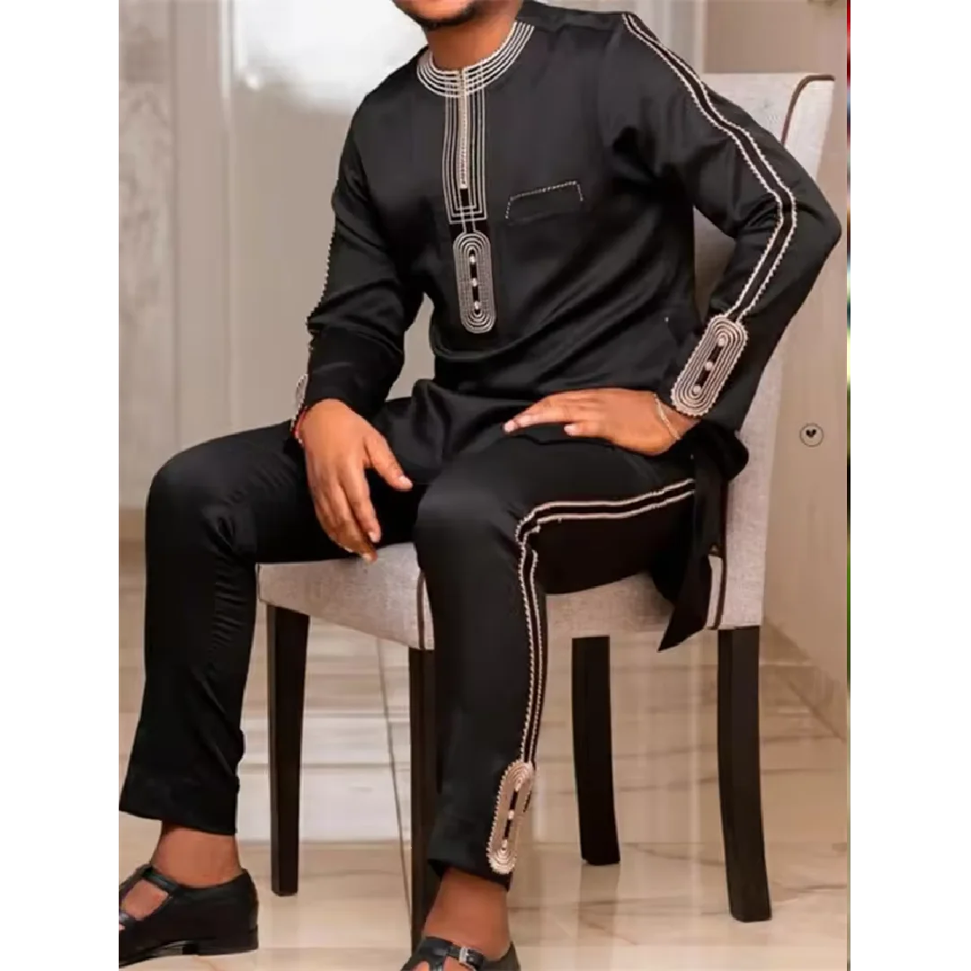 

Two Pieces Set Men African Suit Long Sleeve Round Collar Print Shirt Pants Africa Traditional Wedding Party Outfits Slim Suits