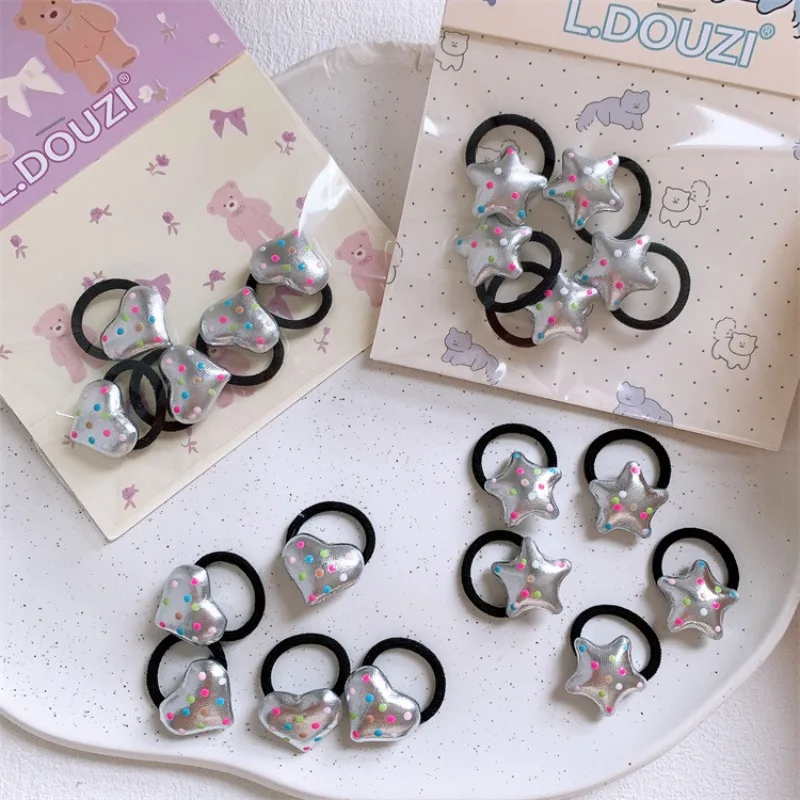 

Sparkling Silver Faux Leather Polka Dot Heart Star Mini Elastic Hair Bands for Girls No Damage Ponytail Holders Hair Accessories