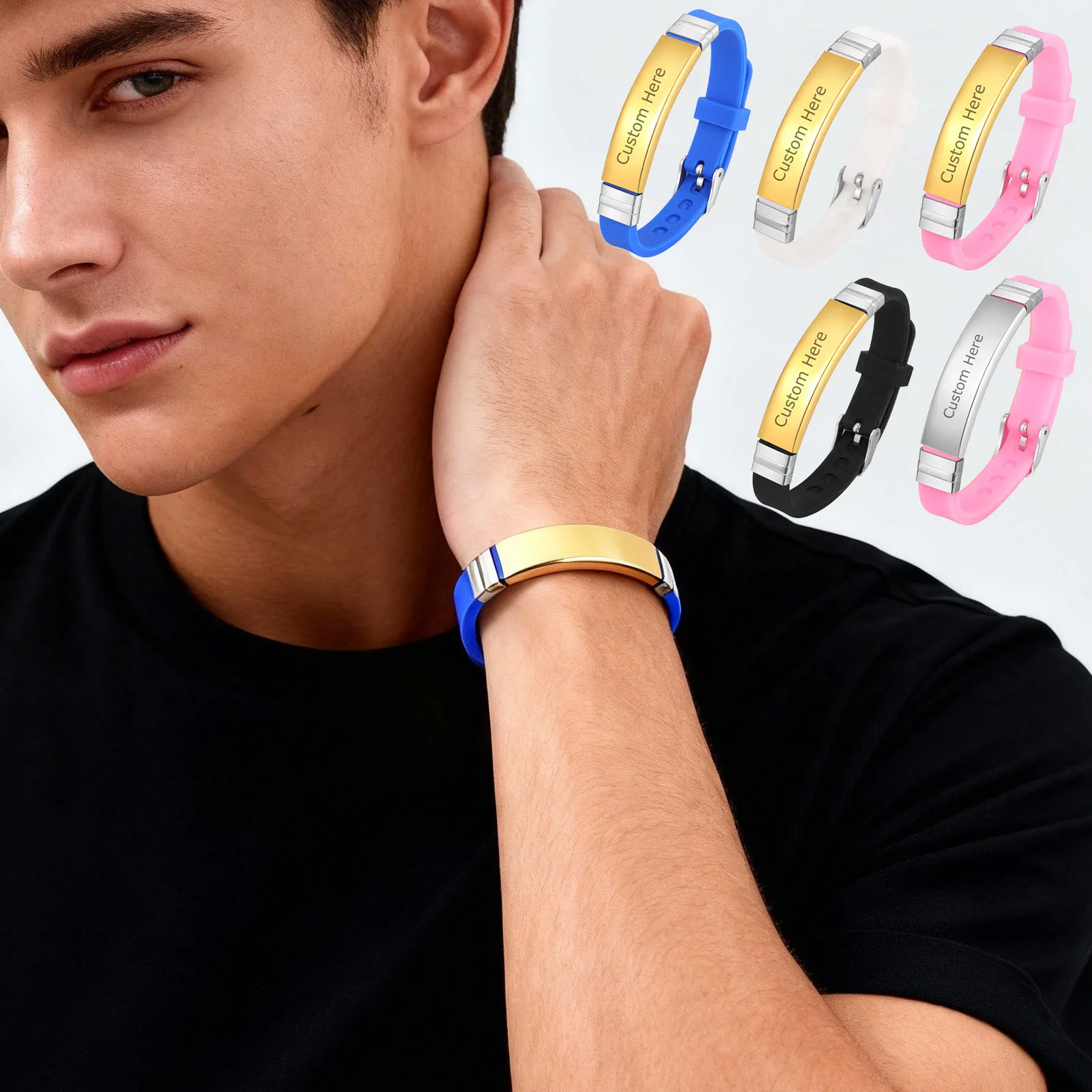 

Stainless Steel Men's Simple Bracelet With Adjustable Silicone Strap, Personalized Name Jewelry Gift For Father's Day Present