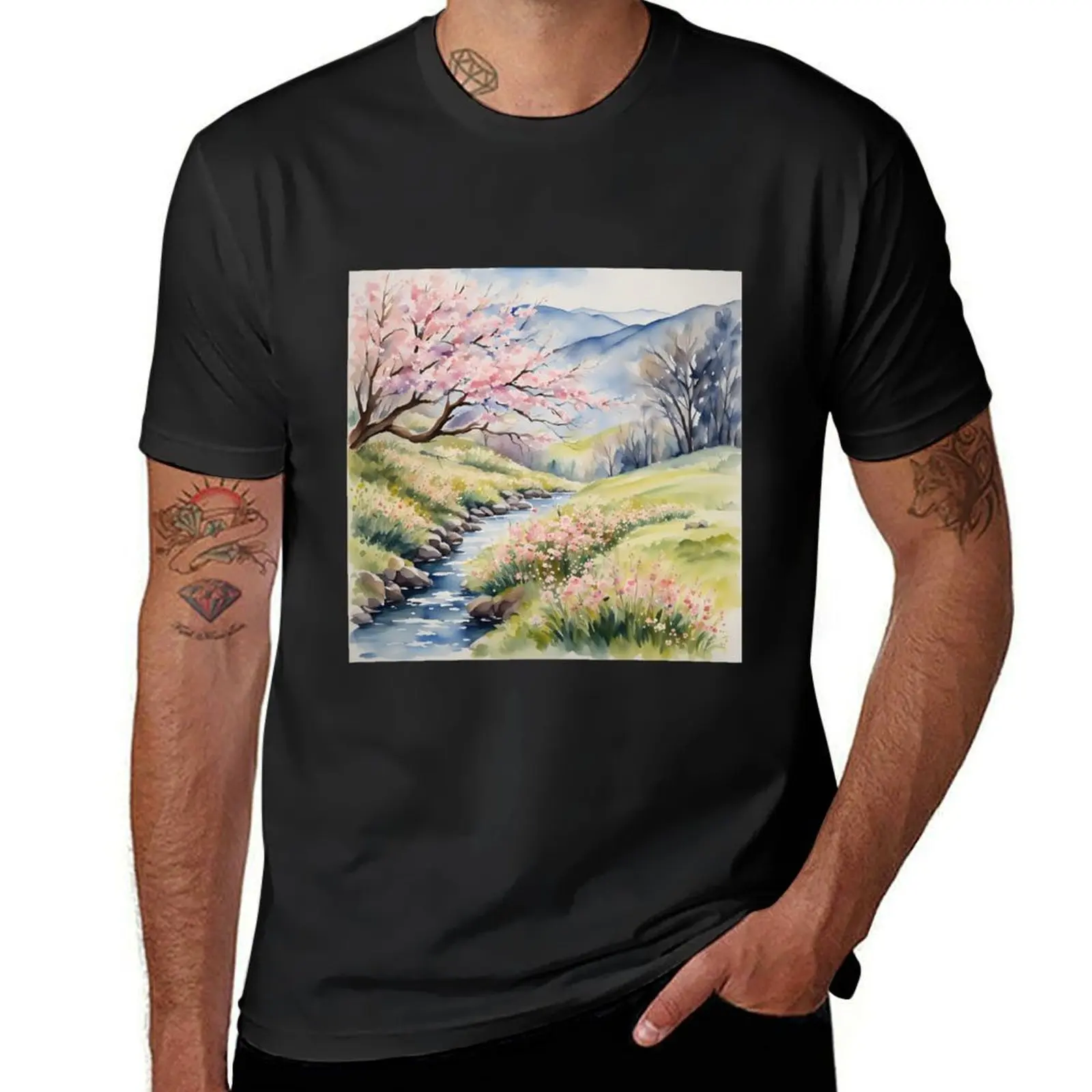 Springtime Symphony: Cherry Blossoms and Flowing Streams - Watercolor Landscape T-Shirt sublime mens t shirts