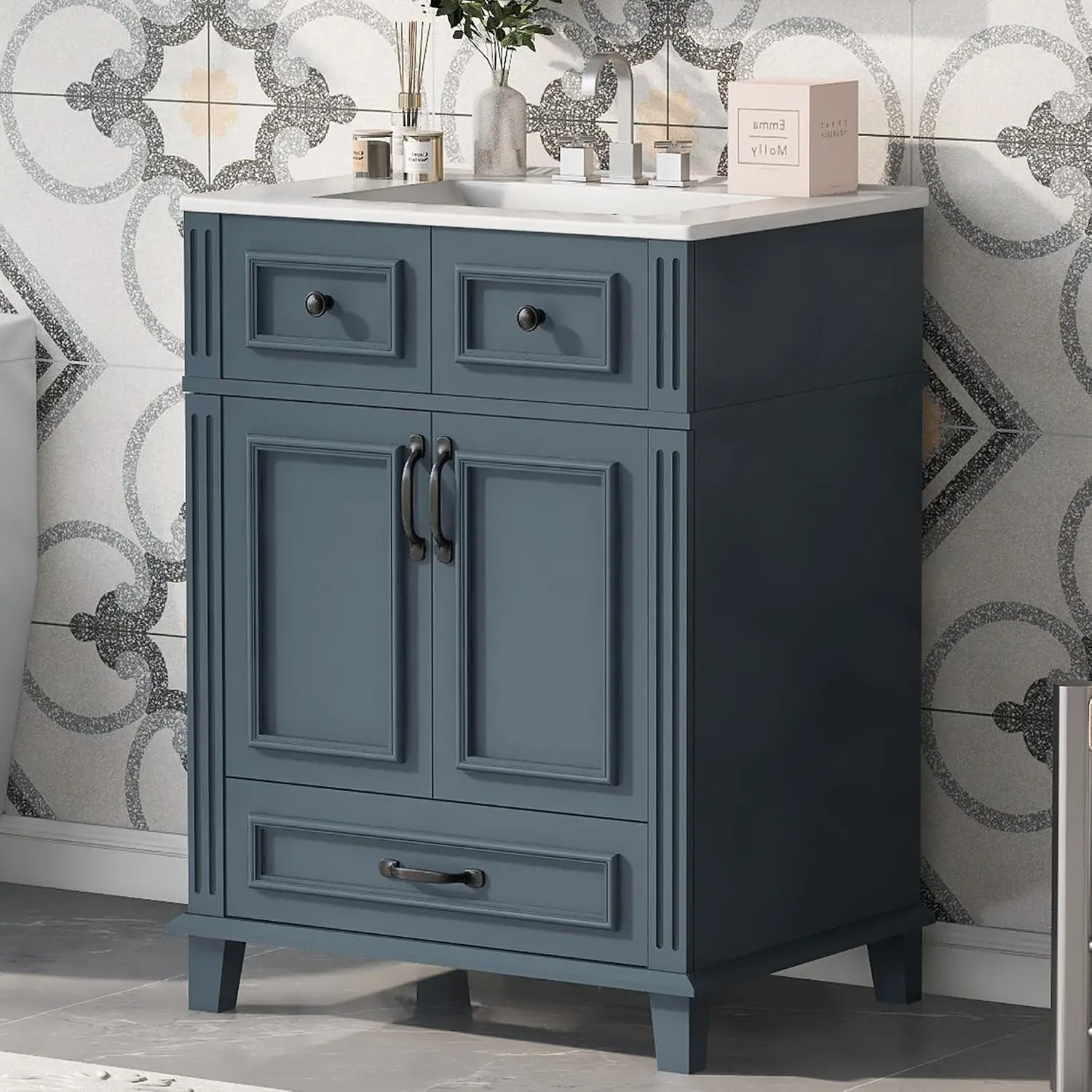 24 Inch Freestanding Bathroom Vanity with Ceramic Sink, Blue, Customized