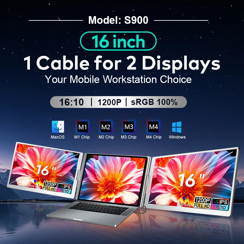 1 Cable for 2 Displays Big Size 16 Inch Triple Screen Display Portable  for  Wins/(M1 M2 M3 M4 )