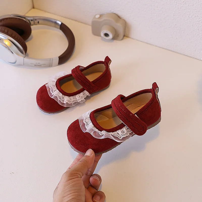 

Retro Style Sweet Girls Leather Shoes for Princess Spring Autumn Children's Causal Shoes Fashion Lace Pleated Kids Flat Shoes