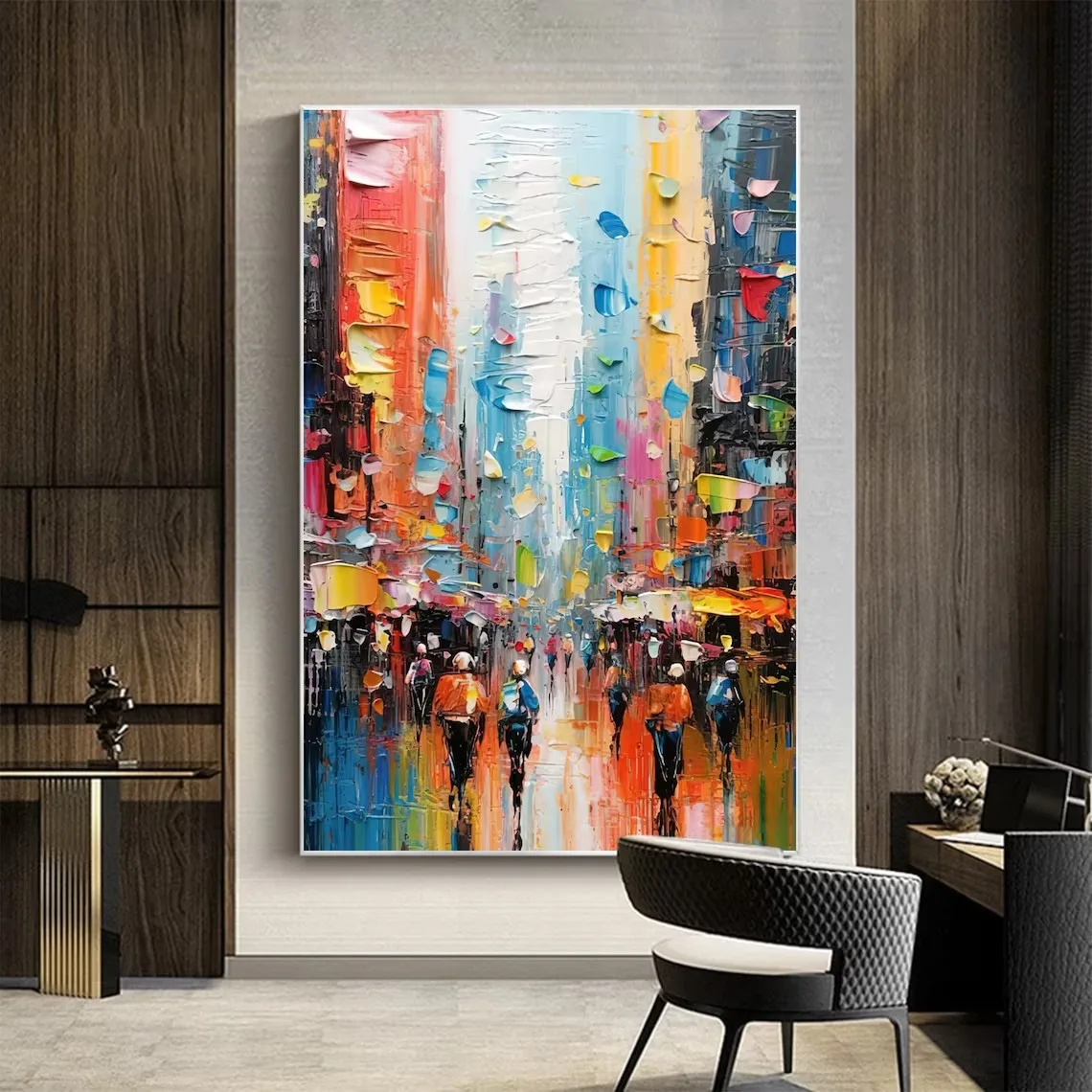 Large Abstract Colorful Cityscape Oil Painting on Canvas, Custom Urban Art Picture , Modern Living room Wall Decor, Hand Made