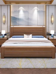 Modern and minimalist Chinese style full solid wood bed, golden walnut wood bed, 1.8m double bed, master bedroom, king bed,