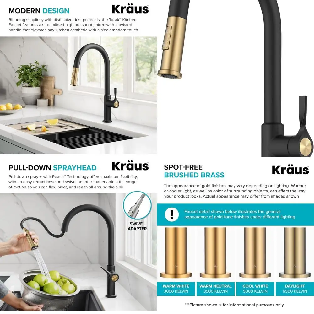 

Spotless Brushed Brass/Matte Black Pull-Down Kitchen Faucet with 2-Function Sprayer, Pre-Attached Water Lines, and Mounting Kit,
