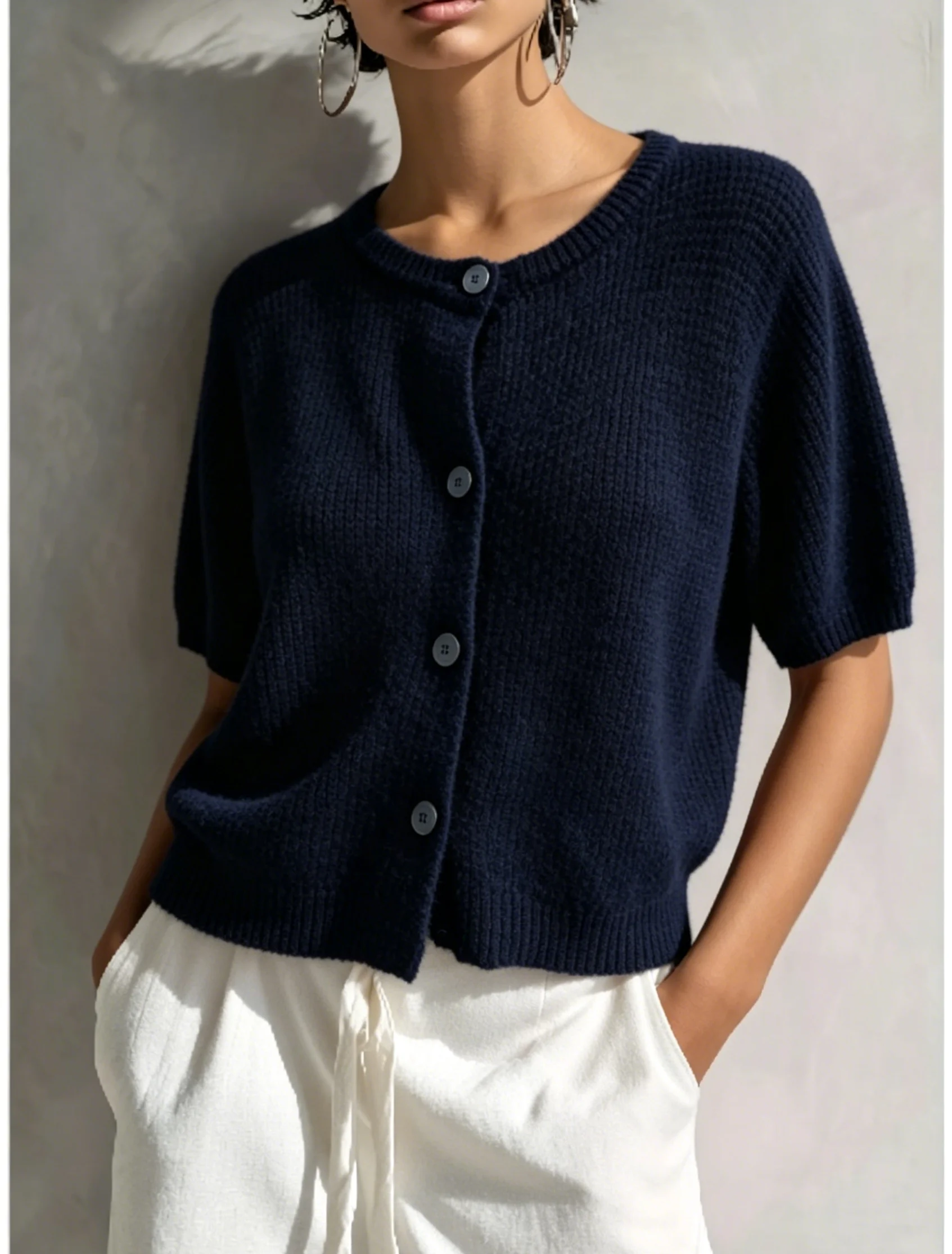 

Women's Navy Blue Knit Cardigan Summer Short Sleeve Button Down Cropped Sweater Casual Daily Streetwear Knitted Top