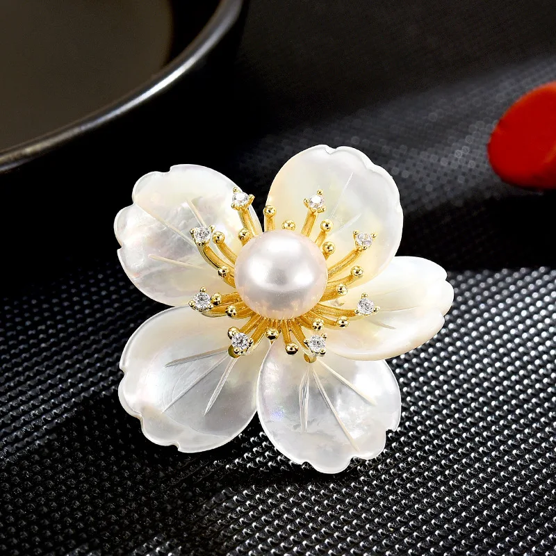 Chinese Style Lucky Blessing Cherry Blossom Brooch Natural Mother Of Pearl Center Pearl Zircon Magnetic Clasp Blazer Shirt Charm