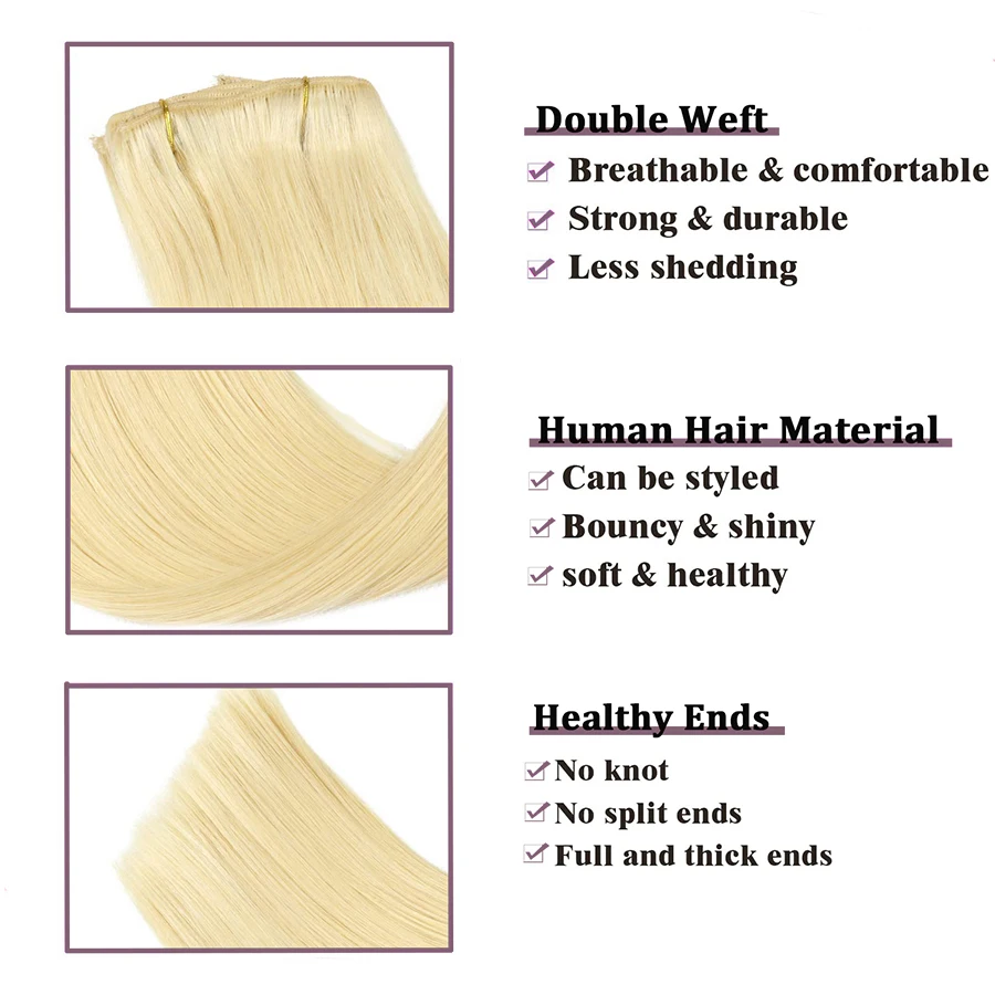 613 Blonde Kleur Human Hair Extensions Clip In Volledig Hoofd Rechte Clip In Braziliaanse Haarweefselbundels 8 Stuks