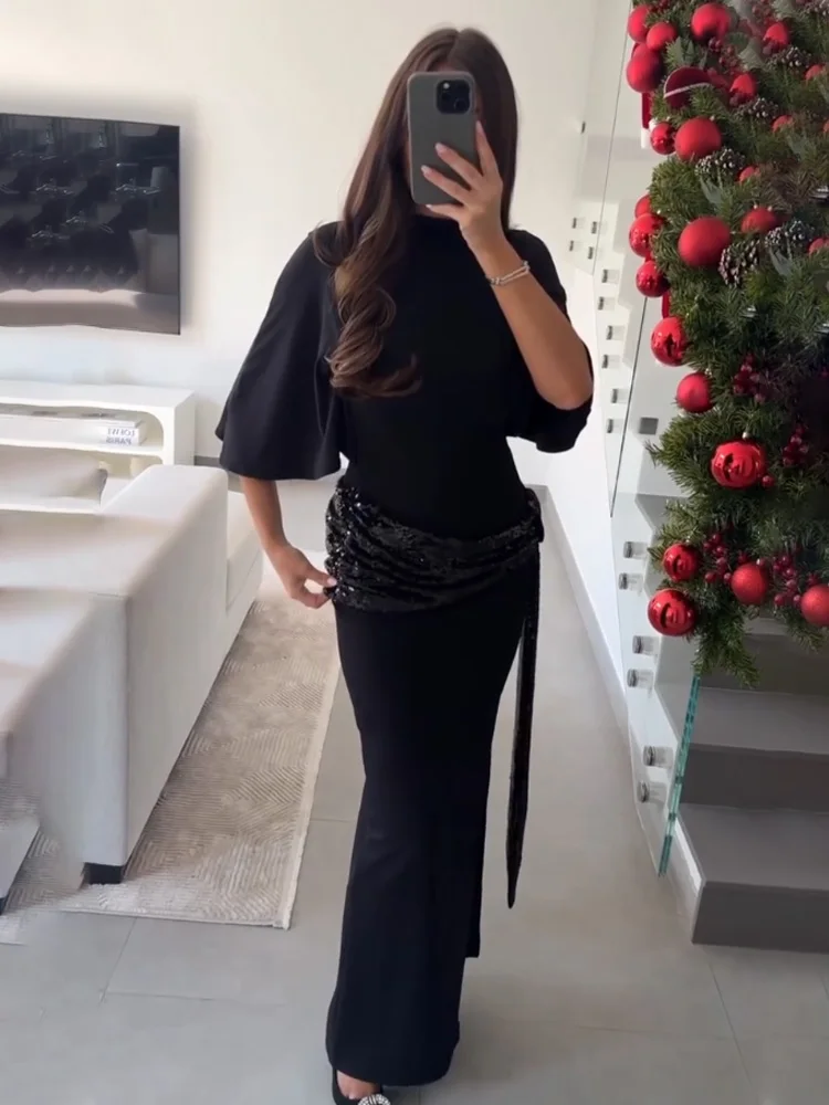 

HH 2026 Fashion Female Elegant Party Evening Dress Women Sexy Backless Short Sleeves Asymmetrical Sequins Decoration Long Dress