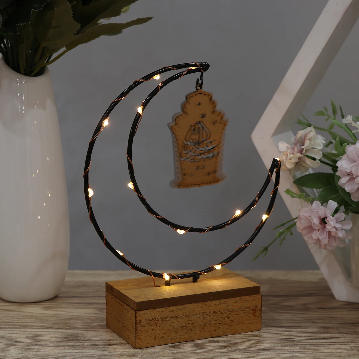 

Moon Night Light Decor Khaki Color Wooden Crafts Office Bedroom Muslim Eid Gifts Bedside Table nament