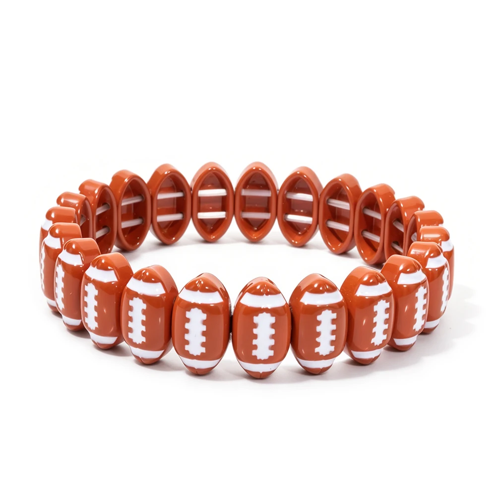 American Football Bead Stretch Bracelet, Brown White Rugby Ball Beaded Stackable Wristband, Sport Fan Game Day Outfit Accessory