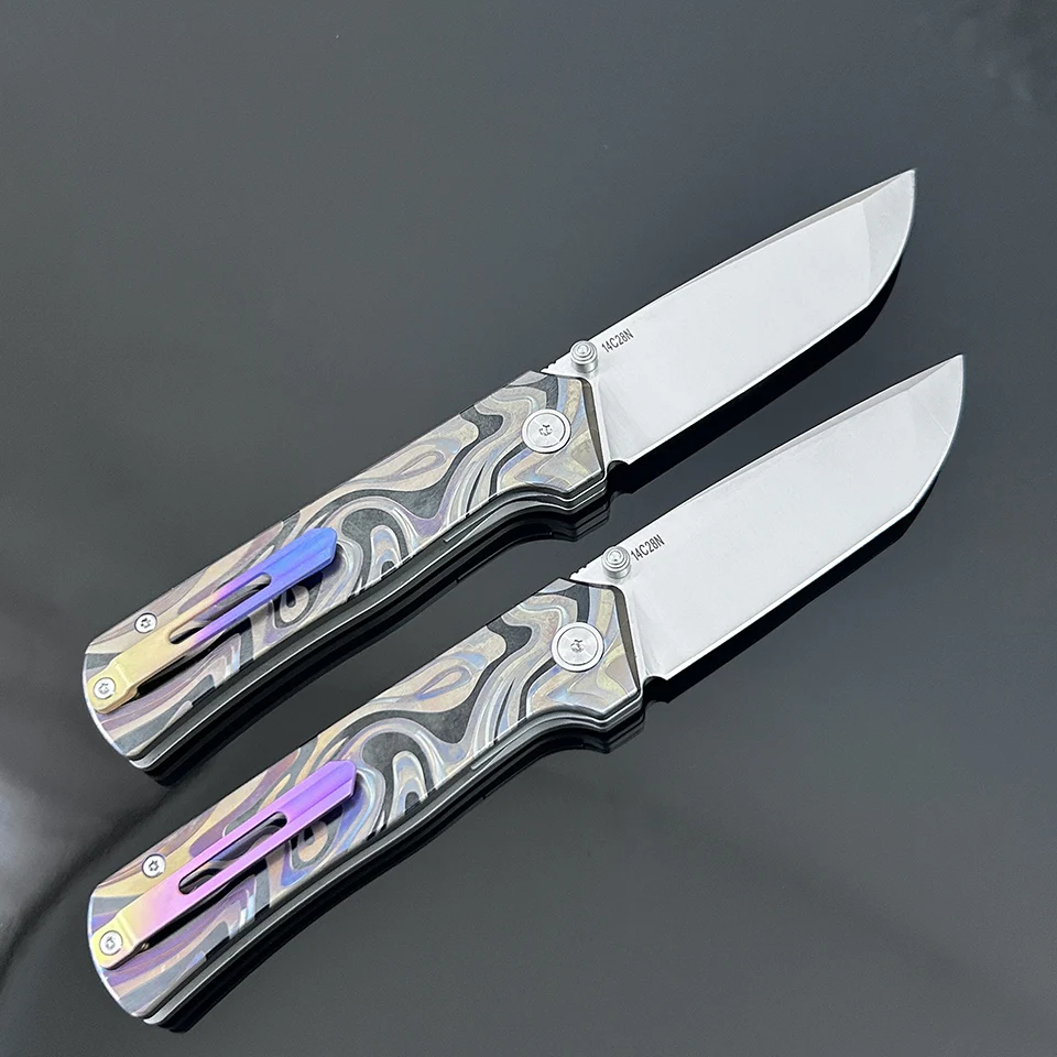 TC4 Titanium Engraved Pattern Handle Folding Pocket Knife 14C28N Steel Ceramic Bearings 125g Outdoor Daily EDC Tool