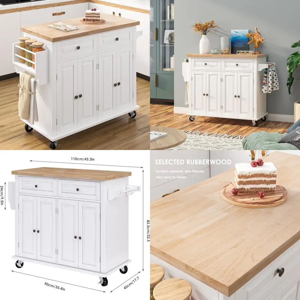 عربة جزيرة المطبخ المتدحرجة بأبعاد 43 بوصة، تتميز بأدراج وخزانة تخزين، وهي مصنوعة من الخشب المطاطي