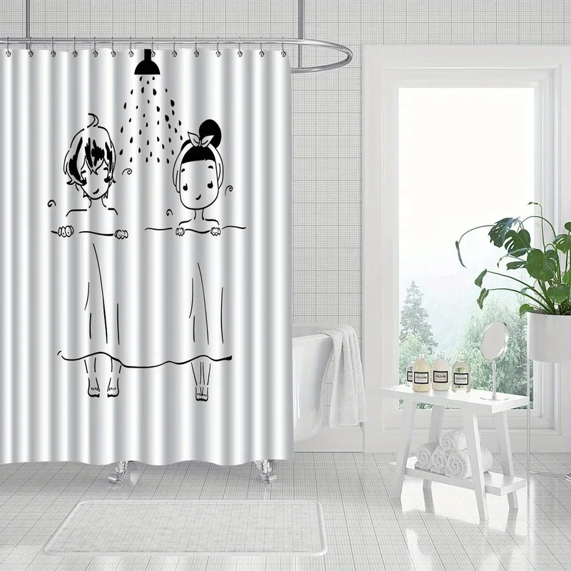 VIKAMA Line Art Couple Shower Curtain, Minimalist Black White Sketch Print Waterproof Polyester Washable Bathroom Curtain