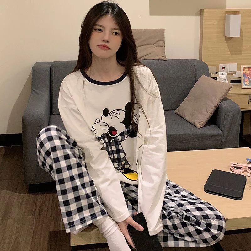 Disney Cartoon Mickey Long Sleeve Cotton Sleepwear Sweet Y2k Girl Kawaii Casual Pajamas Spring Autumn New Cute Home Clothes Set