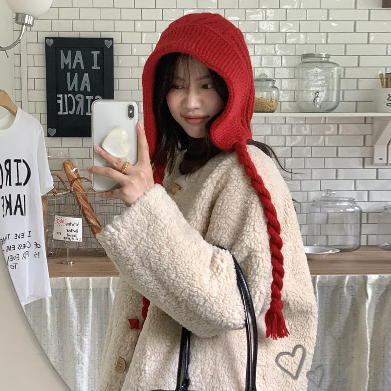 

Korean Solid Color Woven Patchwork Hat For Warmth And Ear Protection Knitted Woolen Hat For Women New Winter Fisherman Hat Cap