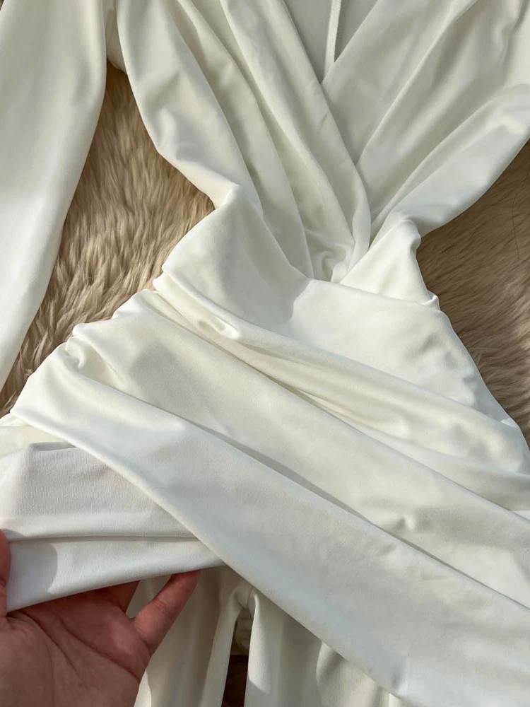 Foamlina feminino sexy decote em v profundo manga longa macacão cor sólida cintura alta criss cross ruched magro bodycon uma peça macacão