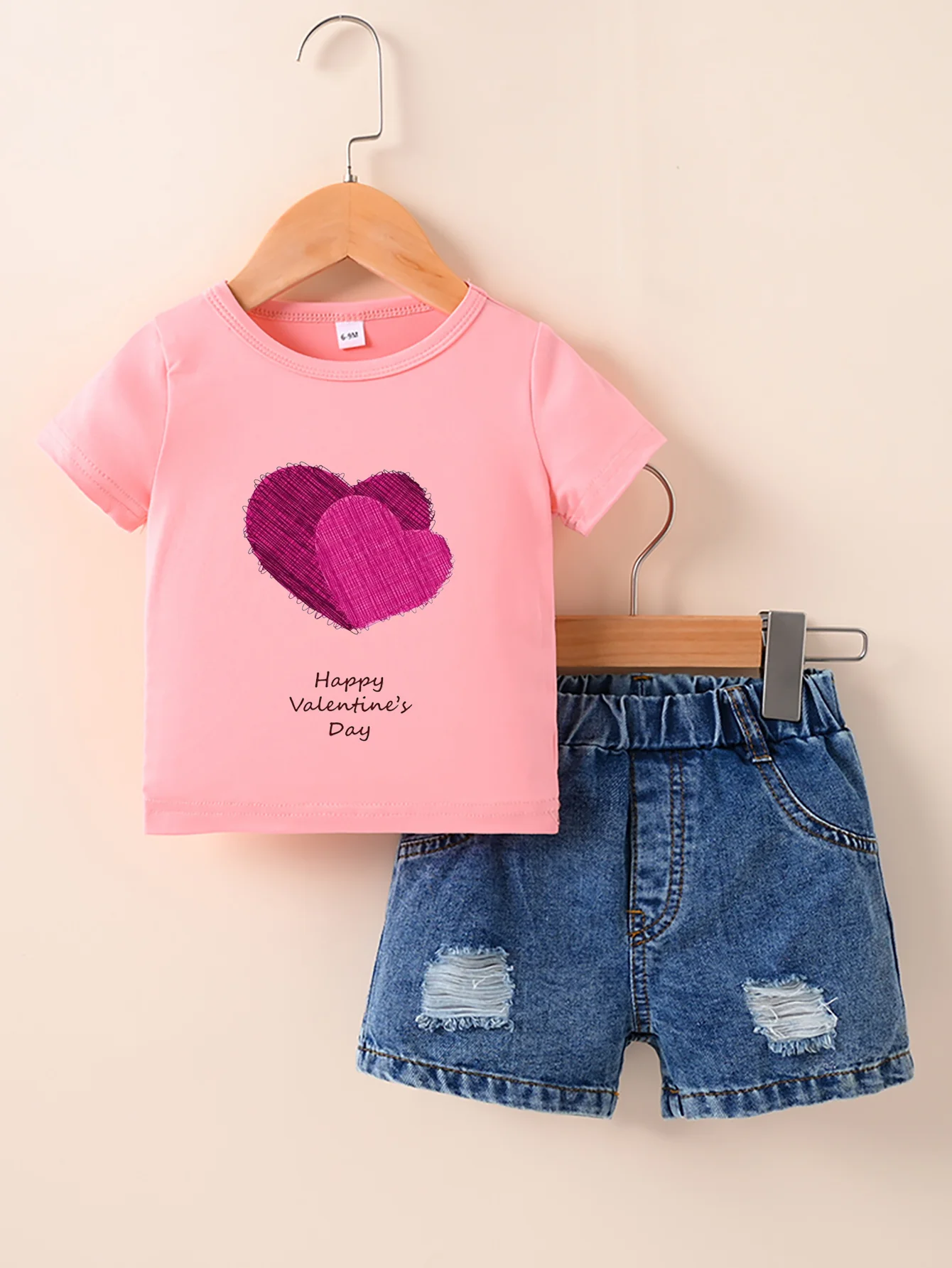 er New Boys and Girls Short sleeved Pink T-shirt Round Neck Pullover+Denim shorts set