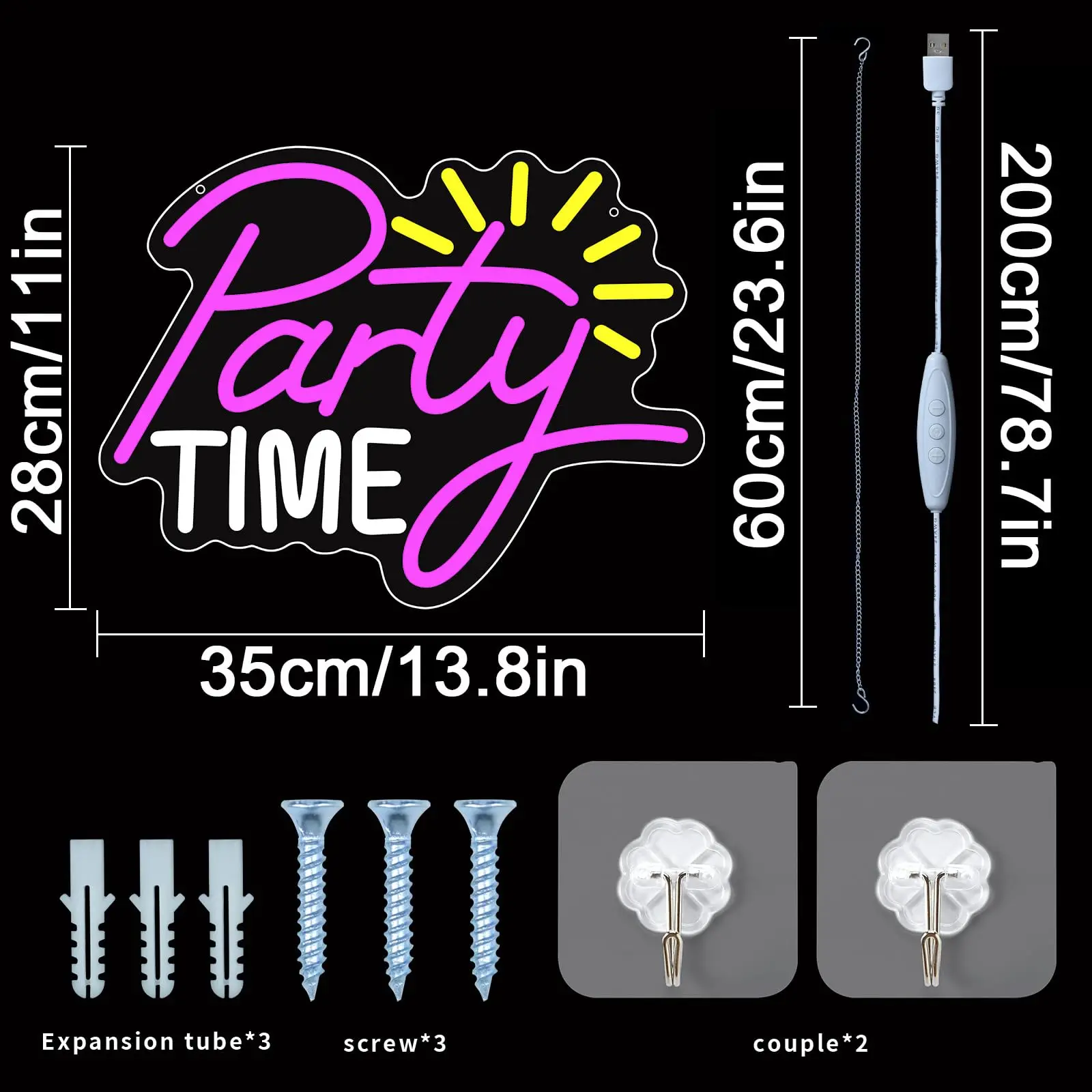 조광 가능한 USB 네온 사인 - LED 파티 타임 라이트 |   결혼식, 생일, 침실, 게임룸 장식에 이상적입니다 |   35x28cm |   빠른 배송