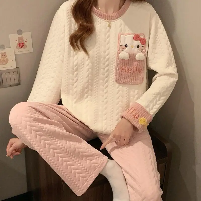 

Sanrio Hello Kitty Pajamas Set Women Homewear Loungewear Set Autumn Winter Thickened Round Neck Long Sleeve Cute Japanese Style