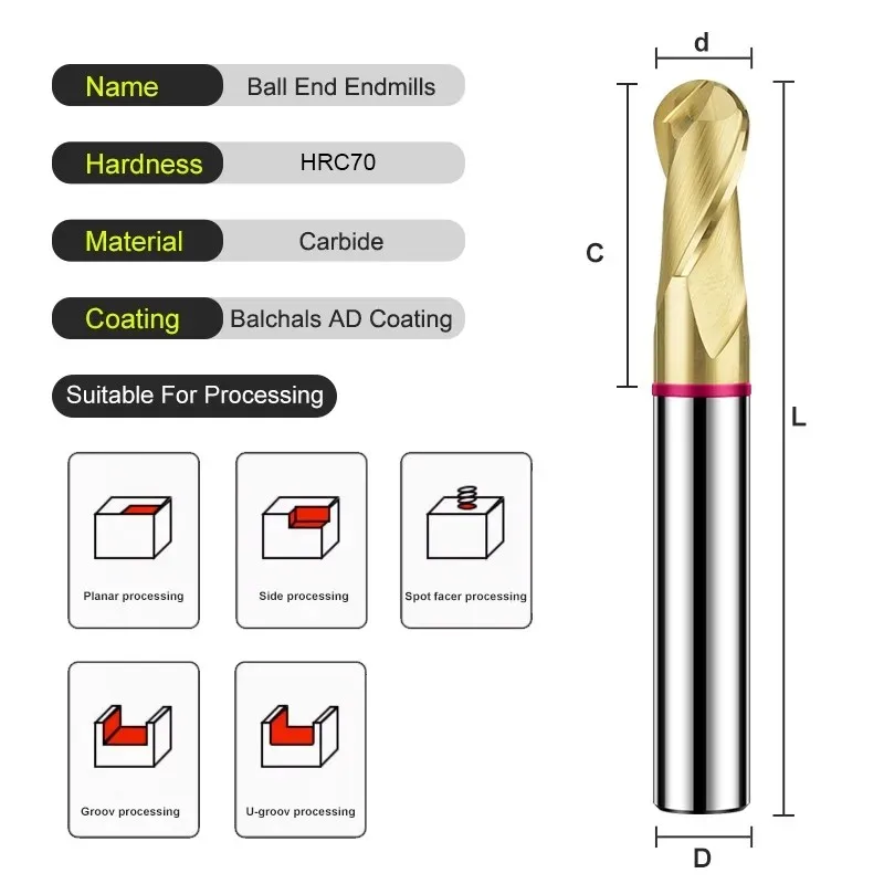 AZZKOR TGP-HRC70 2F Endmills Color-Ring Balchals AD Coating Tungsten Steel Carbide Ball End Milling Cutter For CNC Mechanical