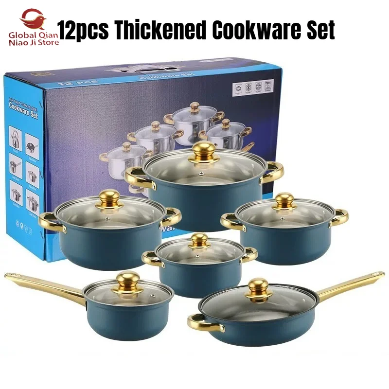 12-piece Set Colorful Stainless Steel Cookware Set Non-stick Pots with Gold-plated Handles Cookware Set Pots