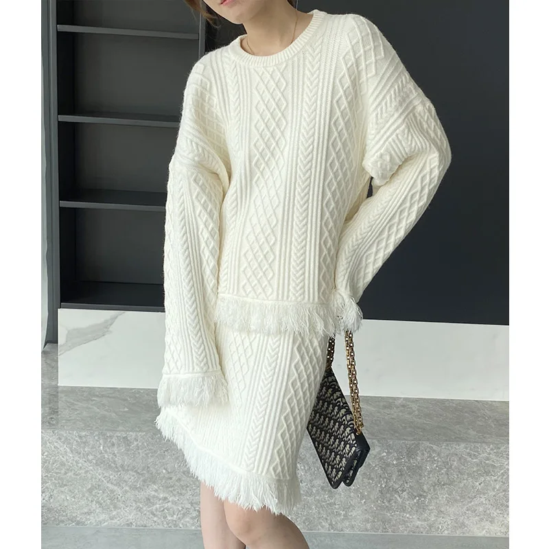 ENjoyce  Fall Winter Knitted Fringed Sweater Skirts Two Pieces Set Pullover Office Lady Outfit Suits Women Long Sleeve Tops