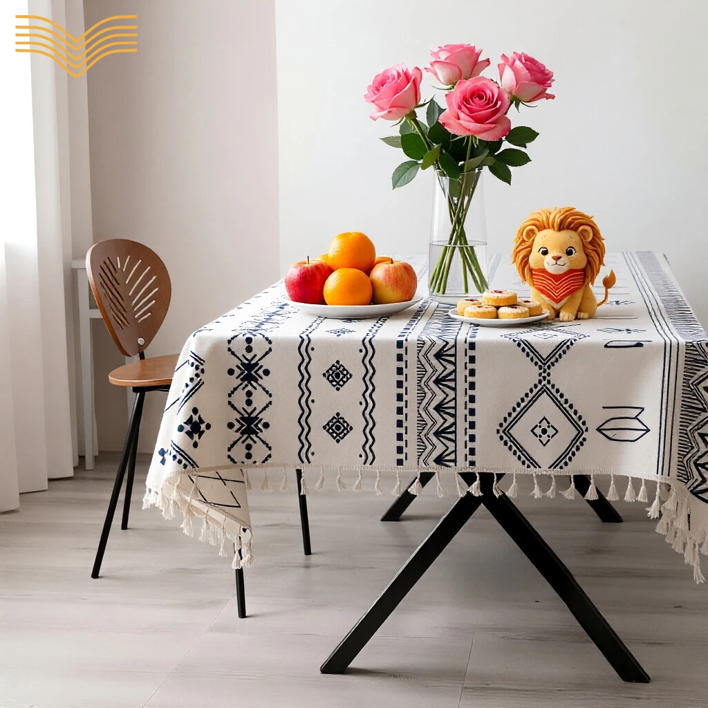 Geometric Printed Tassel Tablecloth Imitation Linen Waterproof Oilproof Rectangle Table Cover Ethnic Style Decor Desk Mat