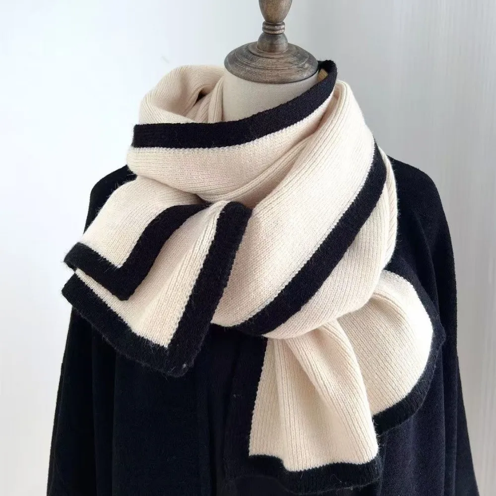 Solid Color Winter Knit Scarf Contrast Edge Casual Style Neck Warmer Warm Soft Material Double-Sided Design Versatile Scarf