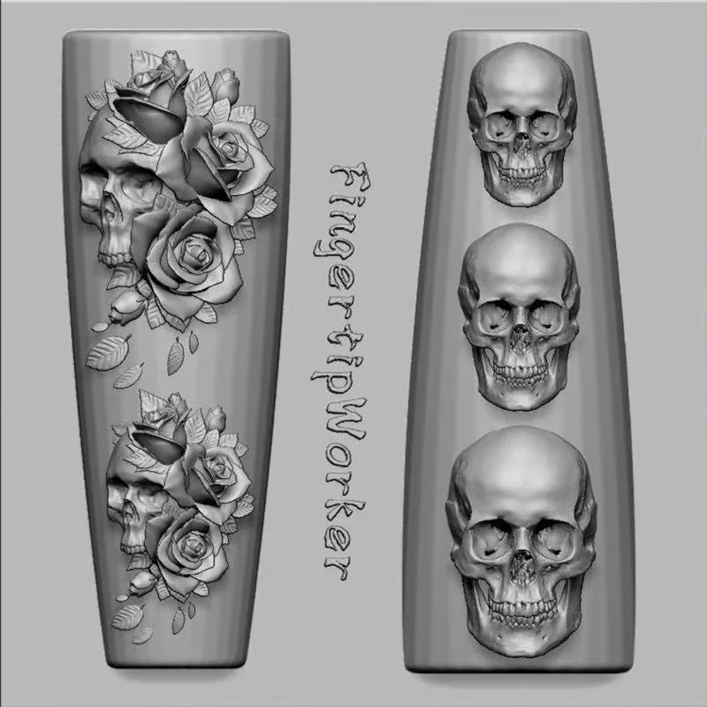 2Pcs Set Dark Rose Skull Silicone Nail Art Mold Gothic 3D Carving Template for Resin Nail Charms Vintage Floral Skeleton Decor view 2