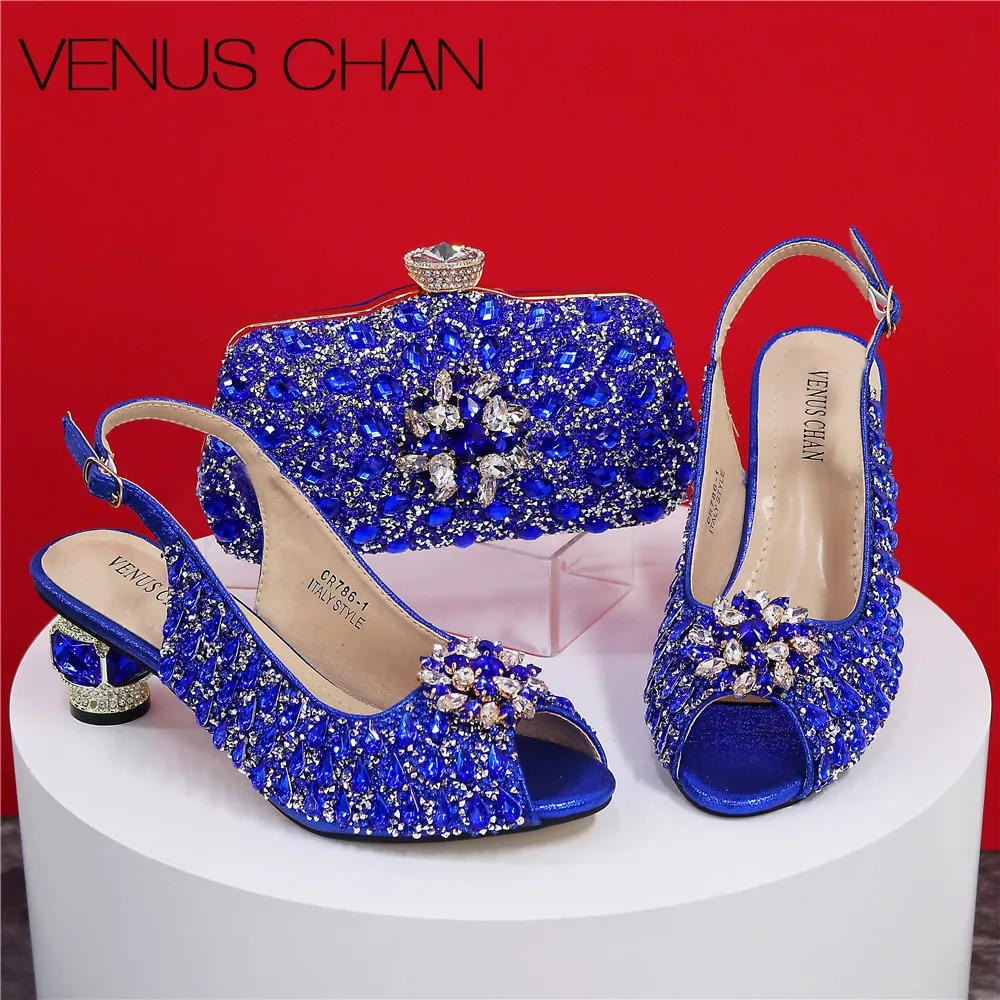 Pattern Popularity Blue Color Pointed Toe Crystal Design Thin Heel Ladies Shoes Matching Bag Set For Nigerian Women Party