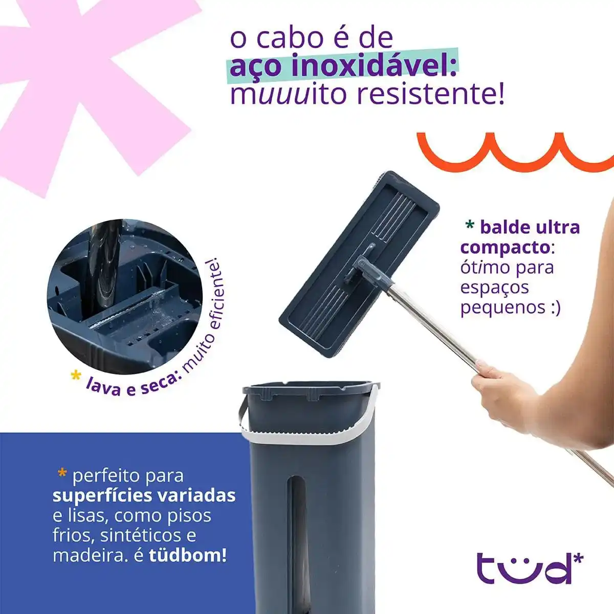MOP FLAT C/ BALDE E ESFREGAO DE MICROFIBRA  - TUD AZUL NAVY