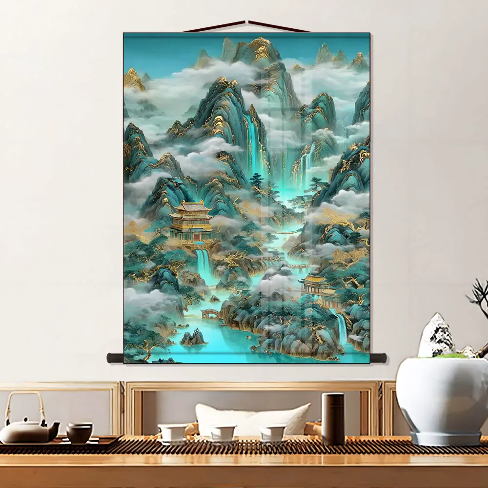 Blue-Green Landscape Painting, Feng Shui Hanging Scroll for Altar Backdrop, Chinese Mountain Water Wall Art for Home Shrine, Spi