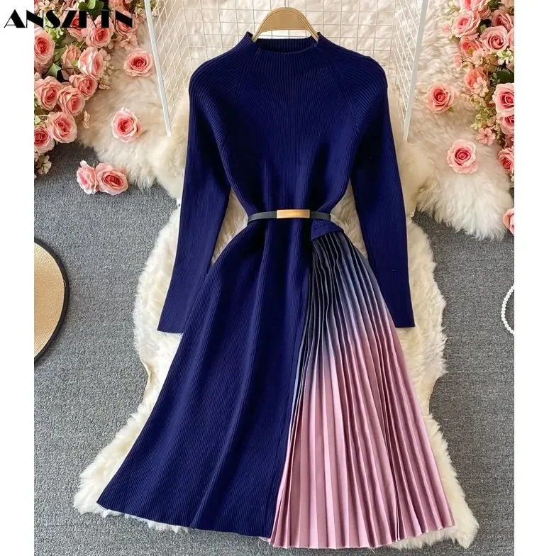 ANSZKTN ANSZKTN Stand Temperament Splicing Gradual Color Midi Sheath Knitted Pleated Dress Winter Women