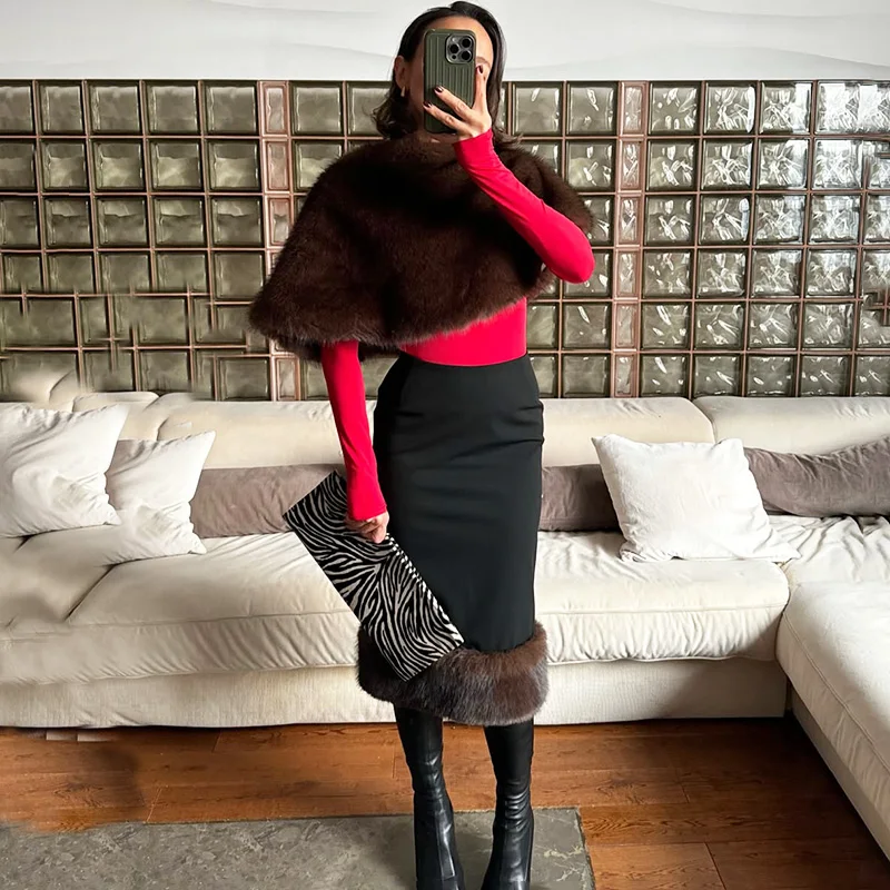 

Ticketsx женская элегантная юбка-шаль комплект из 2 предметов модная осенне-зимняя плюшевая лоскутная юбка комплект винтажная уличная женская одежда комплект платьев