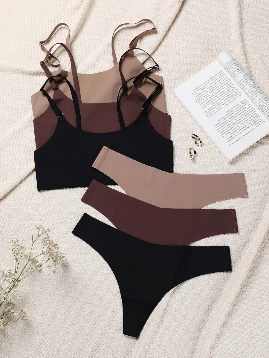 

3-Pack Solid Color Seamless Bra and Thong Set for Women