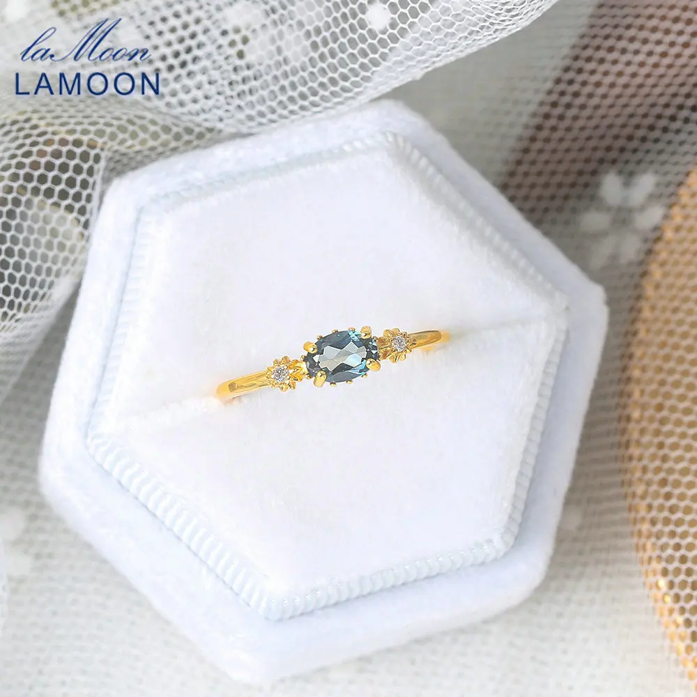 LAMOON Vingtate 925 Silver Ring For Women Star Natural London Blue Topaz Rings 14K Gold Plated Fine Jewelry 2020 New LMRI066