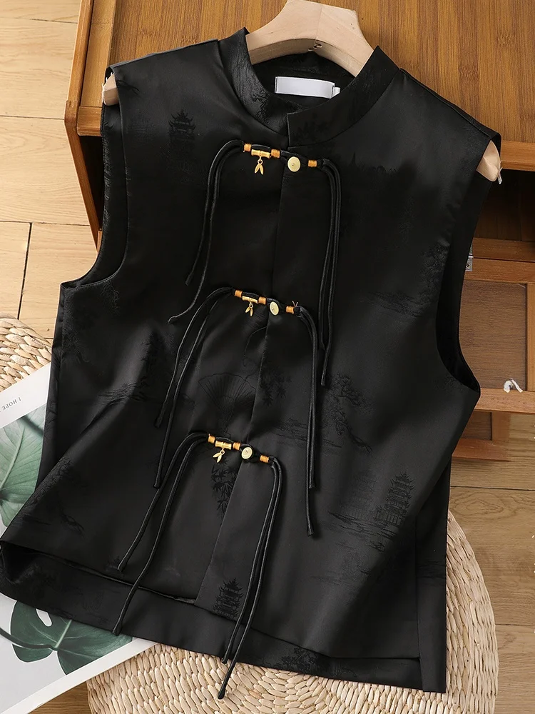 

Ele Bla Embroidered Satin Vest Women's Early Autumn High-End Retro Chinese Sle Button Tassel oulder Top