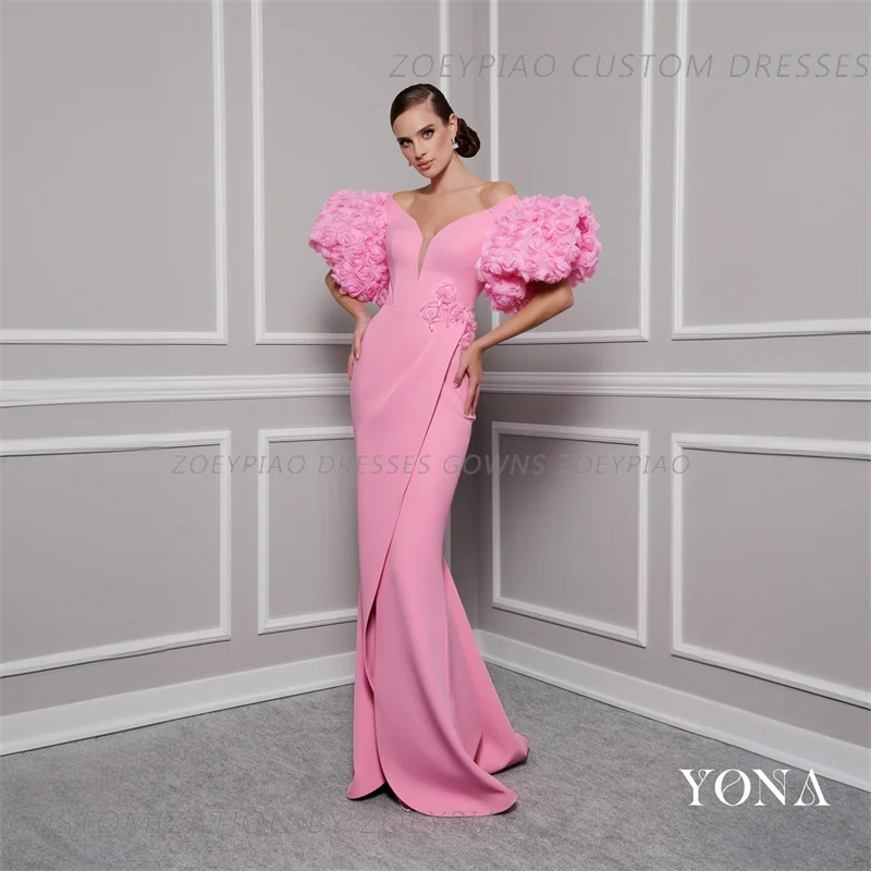 Vestidos de Noche de sirena con flores en 3D, vestidos plisados de encaje con hombros descubiertos y lentejuelas, vestido de fiesta de celebridades de satén de Arabia, moda rosa