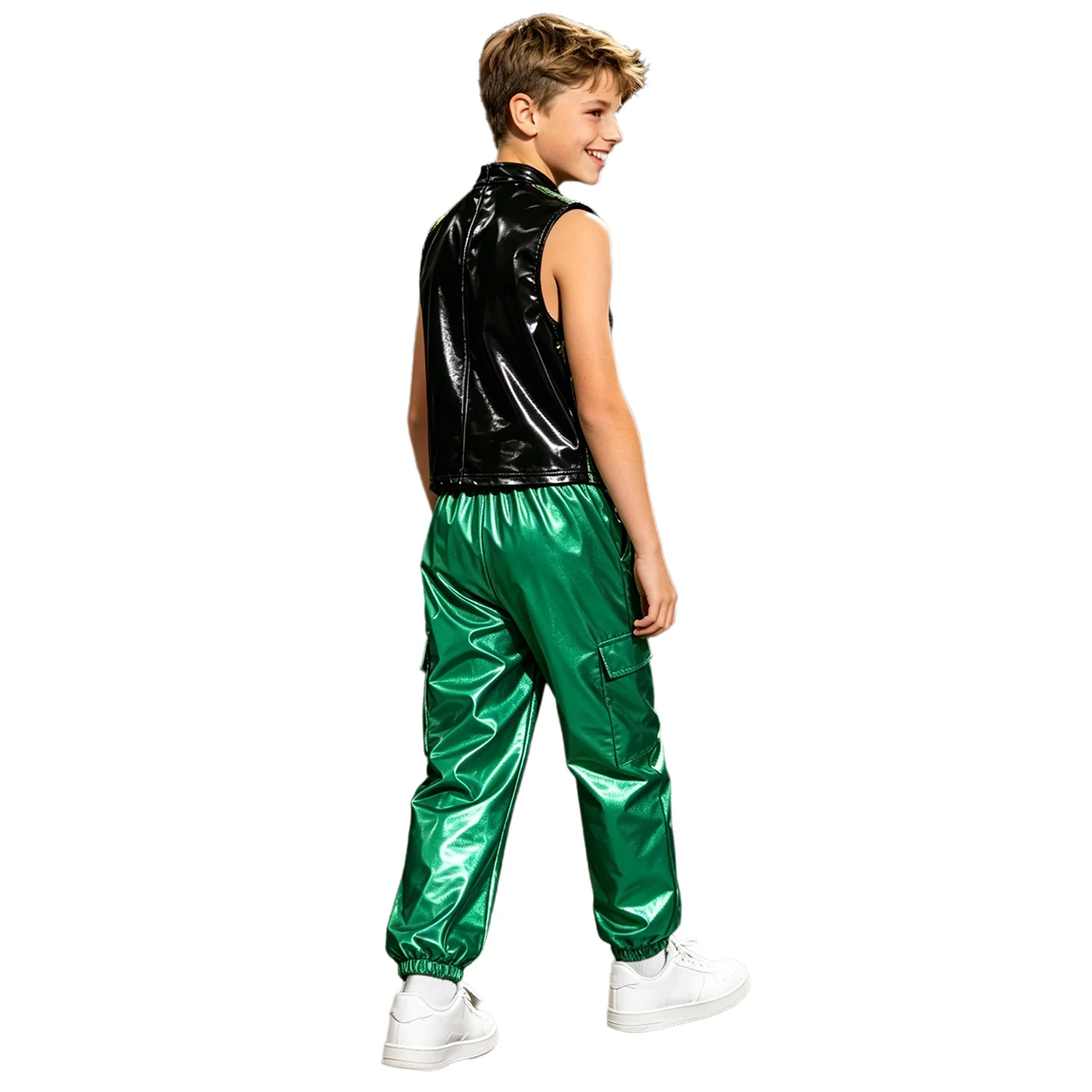 Boys Girl Hip Hop Jazz Street Dance Performance Outfit Metallic Shiny Sequins Crop Vest Top with Pants for Carnival School Party