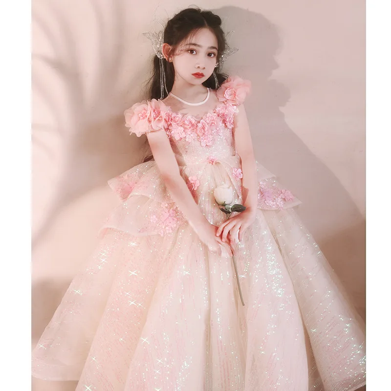 

Girl's Pink Host's Dress Princess Dress Children High-End Affordable Luxury Niche Flower Girl Piano Playing Performance Costume