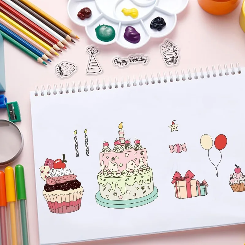 1pc Birthday Cake Clear Stamps Balloon Silicone Clear Stamp Seals Birthday Gift Box Transparent Stamps for DIY Scrapbooking