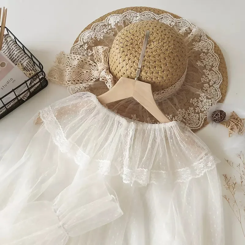 

Spring Ruffles Mesh Blouse Women Peter Pan Collar Dot Lace Shirt Ladies Long Sleeve Thin Transparent Bottom Blouses Short Tops