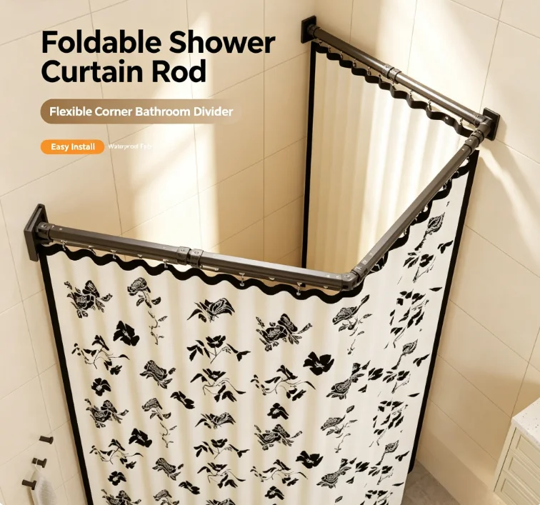 Foldable Shower Curtain Rod, Wall-Mounted L-Shaped Corner Shower Curtain Holder, Adjustable Rustproof Bathroom Divider Rod for B