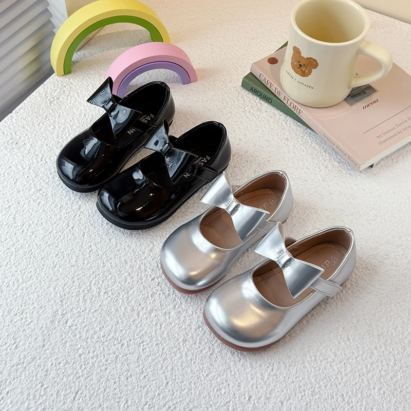 

2025 New Autumn Girl's Princess Shoes Bowknot Hook-loop Shallow Kid's Flat Shoe Black Silver Pu Leather Sweet Chic Children Shoe