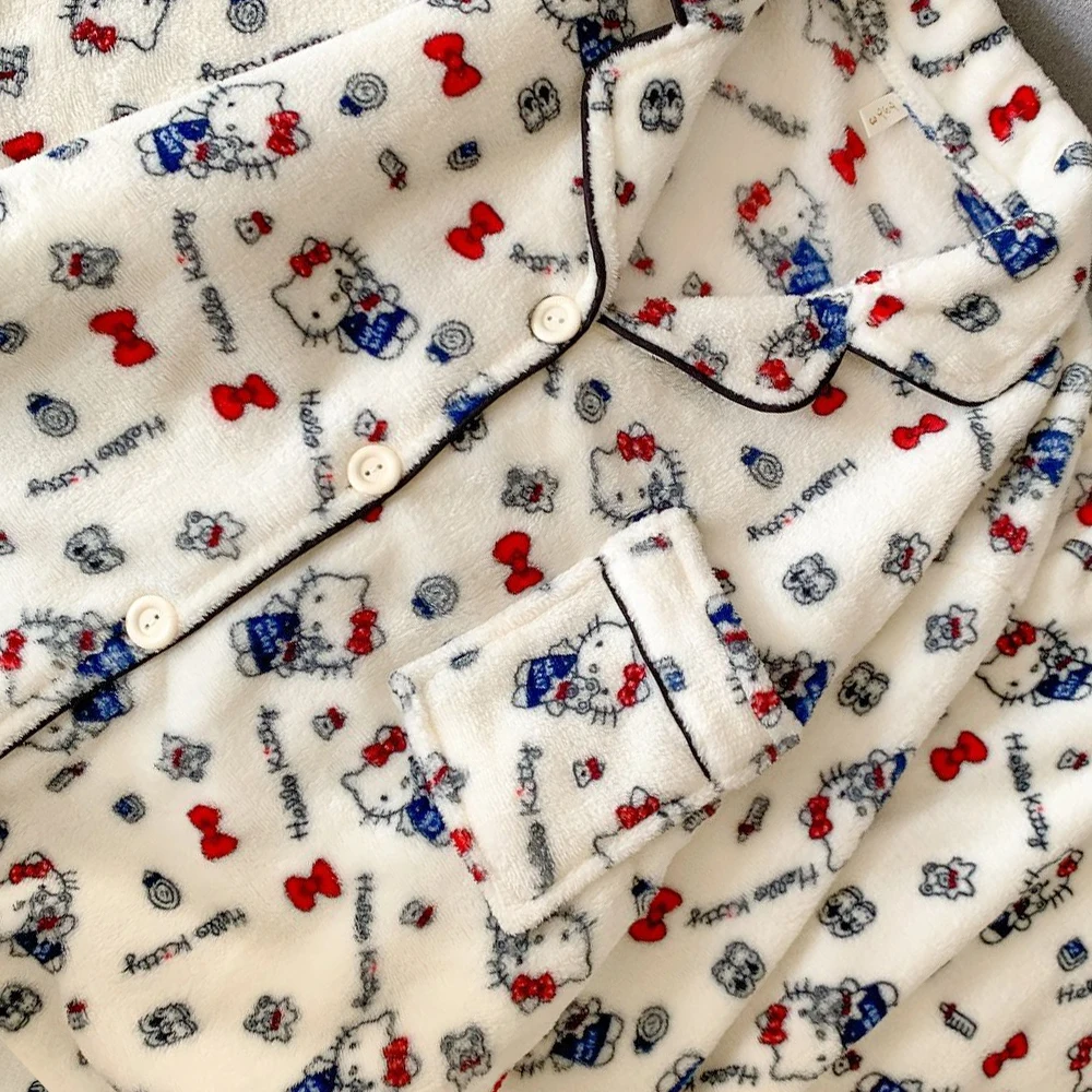 Sanrio Hello Kitty Flannel Women's Pajamas Set Cuteore Cartoon Winter Warm Sleepwear Long Sleeve Pant Nightwear Home Clothes New view 3