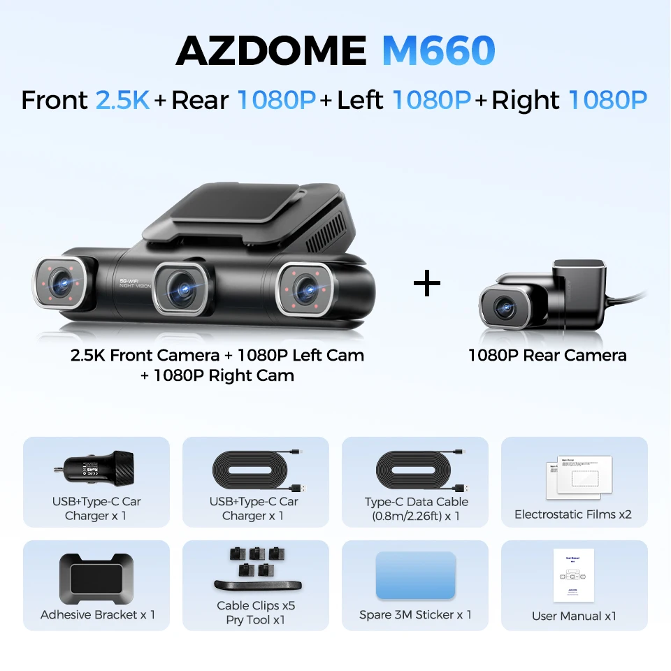 AZDOME 360 °   4CH Dashcam M660 2.5K+3*1080P GPS 5G WiFi Videorecorder Auto DVR Ingebouwde 128GB eMMC Nachtzicht 24H Parkingmodus