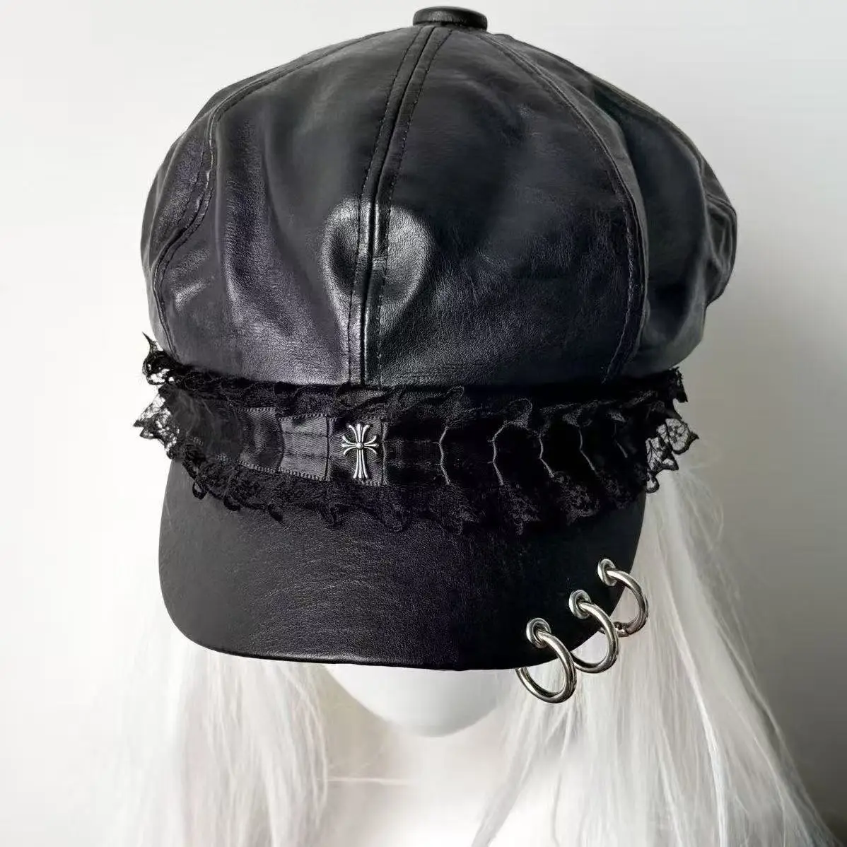 Women's Trendy Beret Black Pu Leather Flat Top Hat Sweet Cool Dark Subculture Octagonal Punk  Painter Captain Military Caps